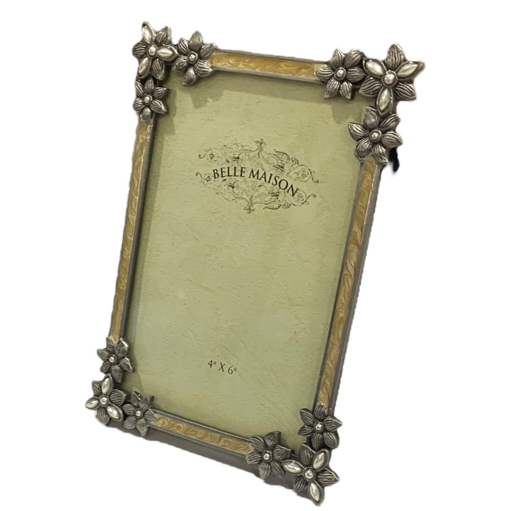 Belle Maison Art Nouveau Enamel Frame w/ Flowers & Pearl Inlays 4x6” Beautiful! - Picture 1 of 15